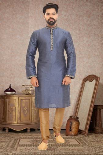 Dupion Silk Grey Men Kurta Pajama