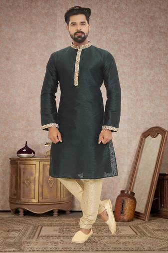 Dupion Silk Green Men Kurta Pajama