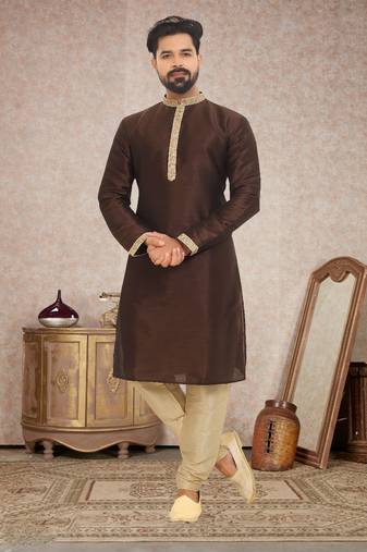Dupion Silk Brown Men Kurta Pajama