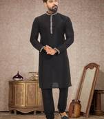 Dupion Silk Black Men Kurta Pajama