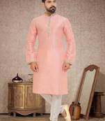 Dupion Silk Pink Men Kurta Pajama