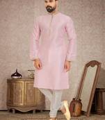 Dupion Silk Pink Men Kurta Pajama