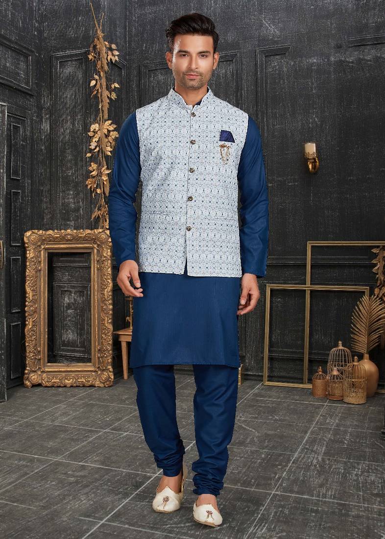 Readymade Men's Kurta Pyjama Blue Kurta Slub Cotton Polyester Pajama main image 0