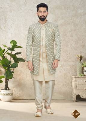 Silk Beige Men Kurta Pajama Jacket 1