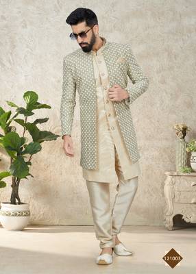 Silk Beige Men Kurta Pajama Jacket 2
