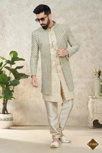 Silk Beige Men Kurta Pajama Jacket