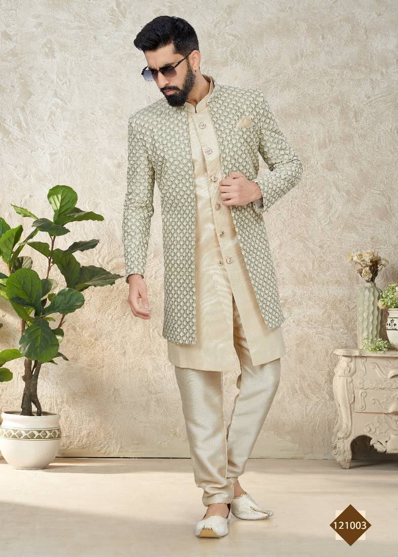 Silk Beige Men Kurta Pajama Jacket