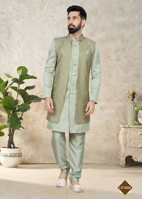 Silk Green Men Kurta Pajama Jacket 1