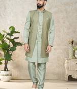 Silk Green Men Kurta Pajama Jacket