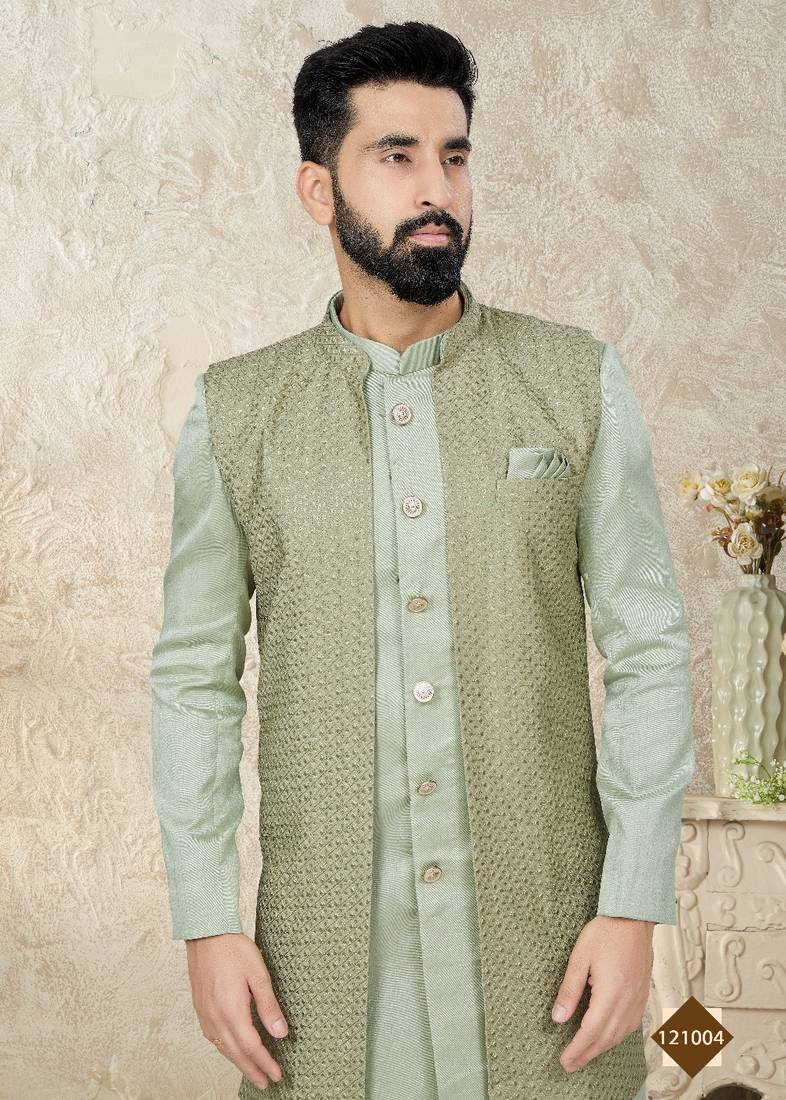 Silk Green Men Kurta Pajama Jacket