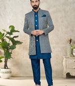 Silk Blue Men Kurta Pajama Jacket