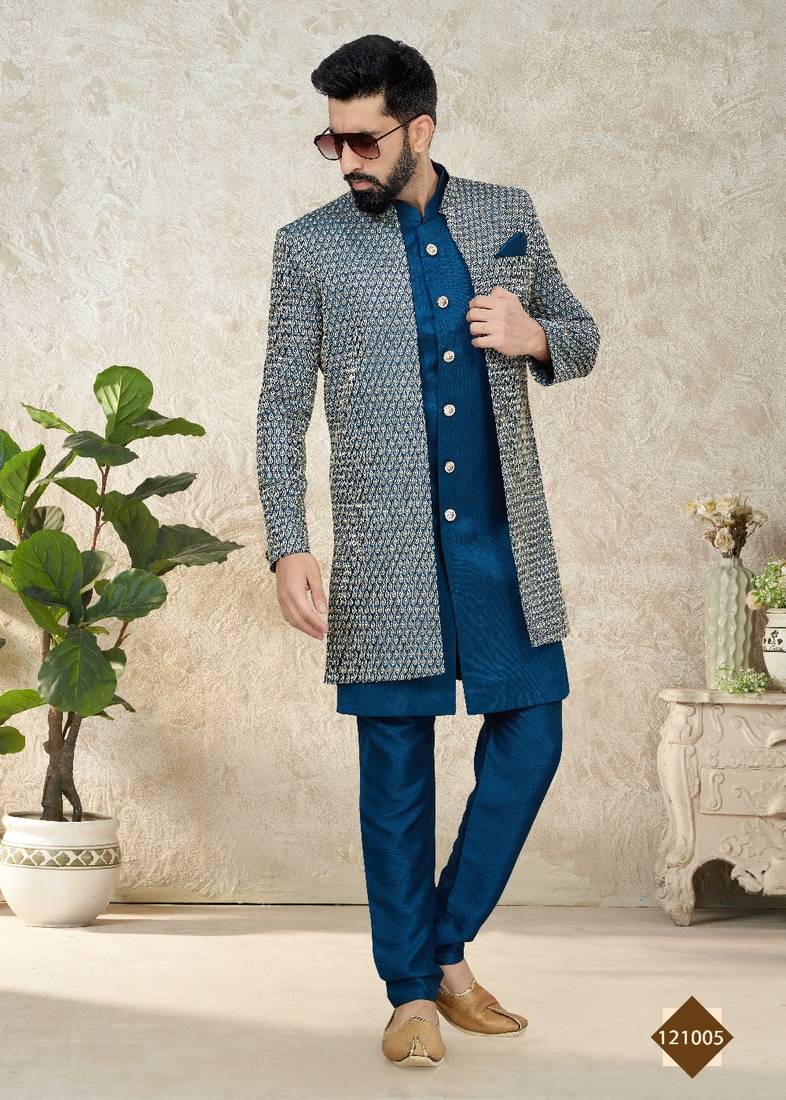 Silk Blue Men Kurta Pajama Jacket