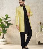 Silk Yellow Men Kurta Pajama Jacket