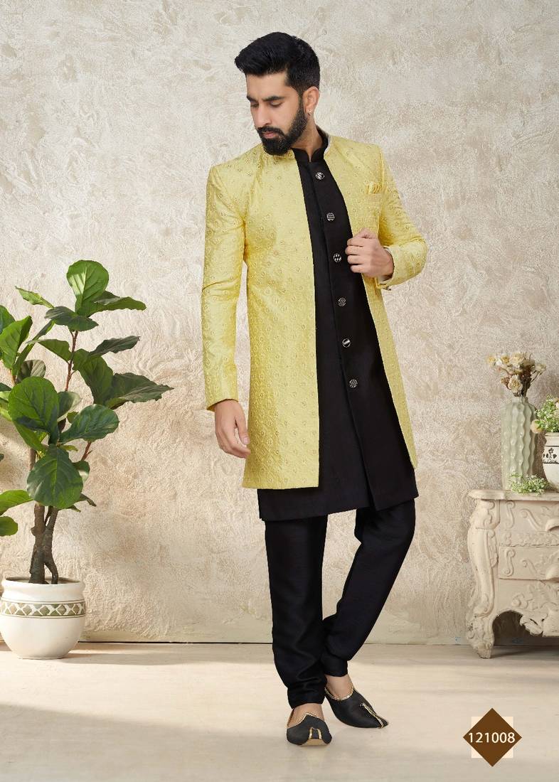 Silk Yellow Men Kurta Pajama Jacket