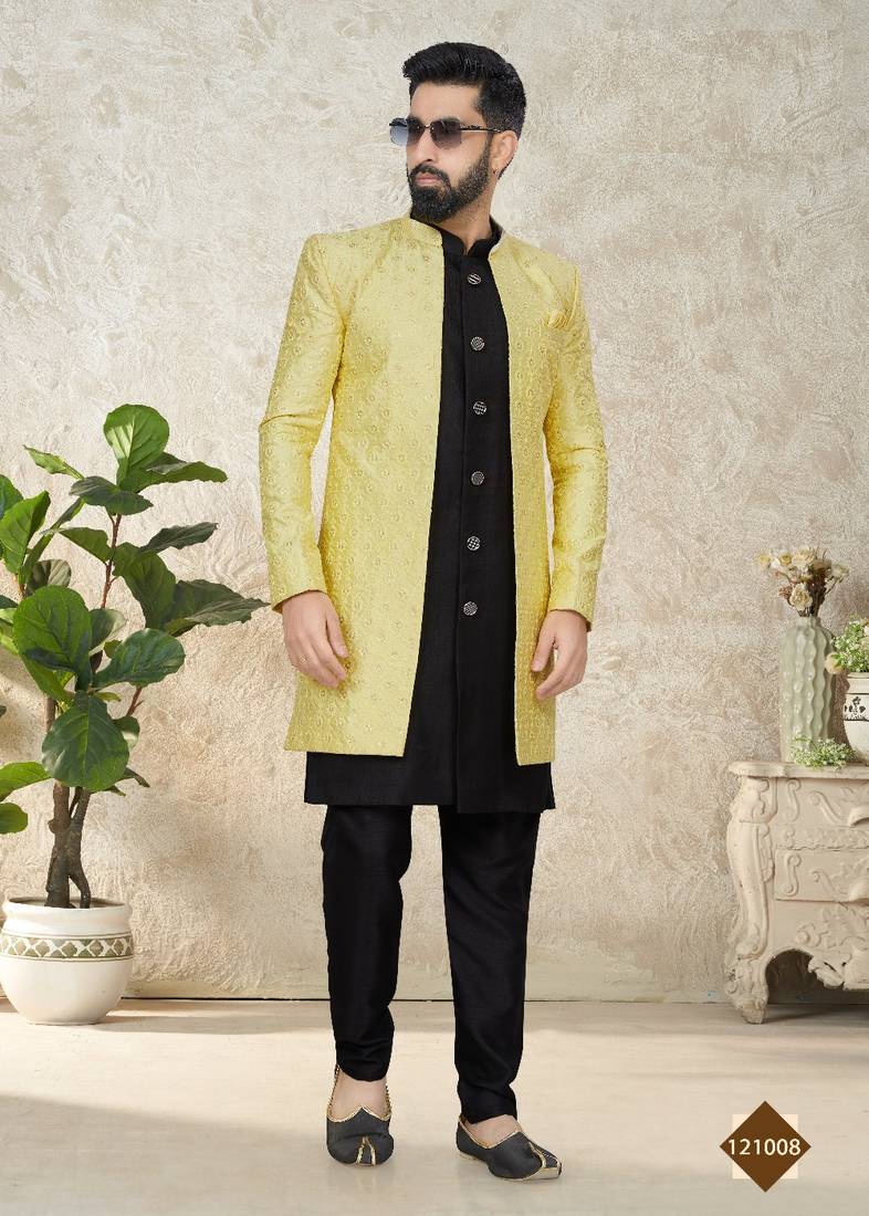 Silk Yellow Men Kurta Pajama Jacket
