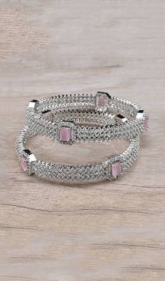 Rhodium Plated Pink Stone American Diamond Bangles BD623 2
