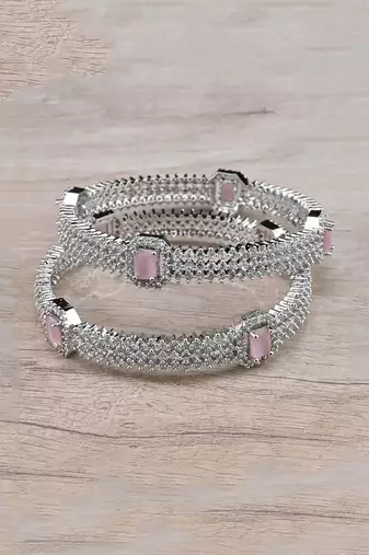 Rhodium Plated Pink Stone American Diamond Bangles BD623