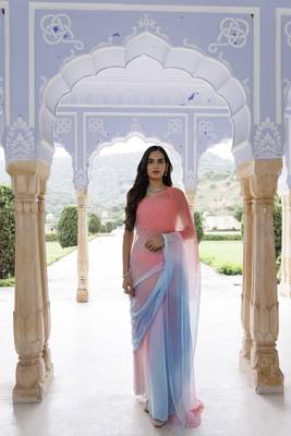   Pink blue shaded mukaish hand embroidered chiffon saree with blouse 1