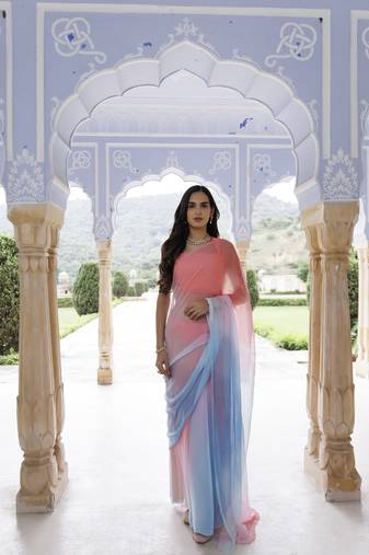 Geroo Jaipur Pink-blue shaded mukaish hand embroidered chiffon saree with blouse