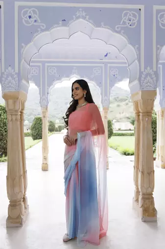   Pink blue shaded mukaish hand embroidered chiffon saree with blouse