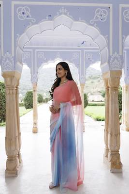   Pink blue shaded mukaish hand embroidered chiffon saree with blouse 3