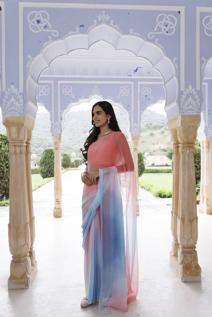 Geroo Jaipur Pink-blue shaded mukaish hand embroidered chiffon saree with blouse
