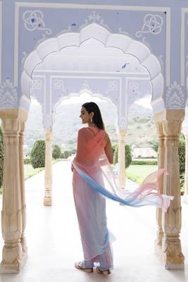   Pink blue shaded mukaish hand embroidered chiffon saree with blouse 4
