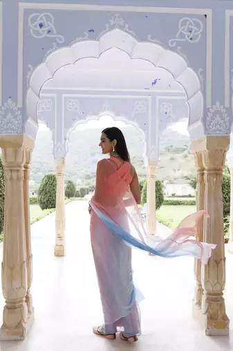   Pink blue shaded mukaish hand embroidered chiffon saree with blouse