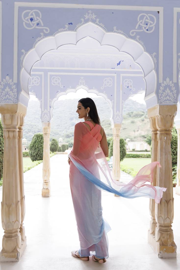 Geroo Jaipur Pink-blue shaded mukaish hand embroidered chiffon saree with blouse