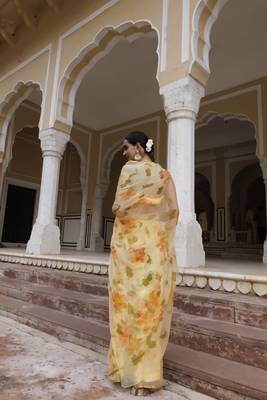   Yellow hand painted floral chiffon saree with blouse 2