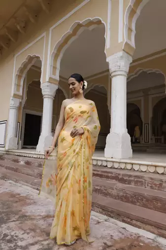   Yellow hand painted floral chiffon saree with blouse