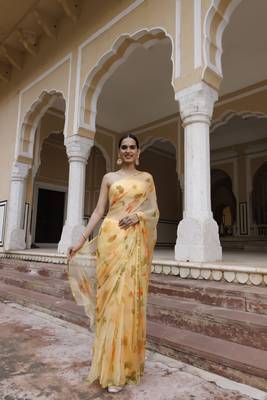   Yellow hand painted floral chiffon saree with blouse 1