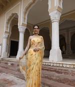 Geroo Jaipur Yellow hand painted floral chiffon saree with blouse