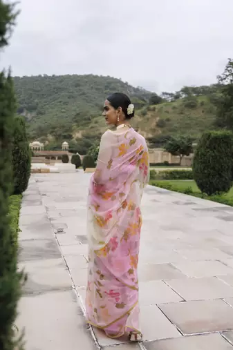   White pink shaded hand painted floral chiffon saree with blouse