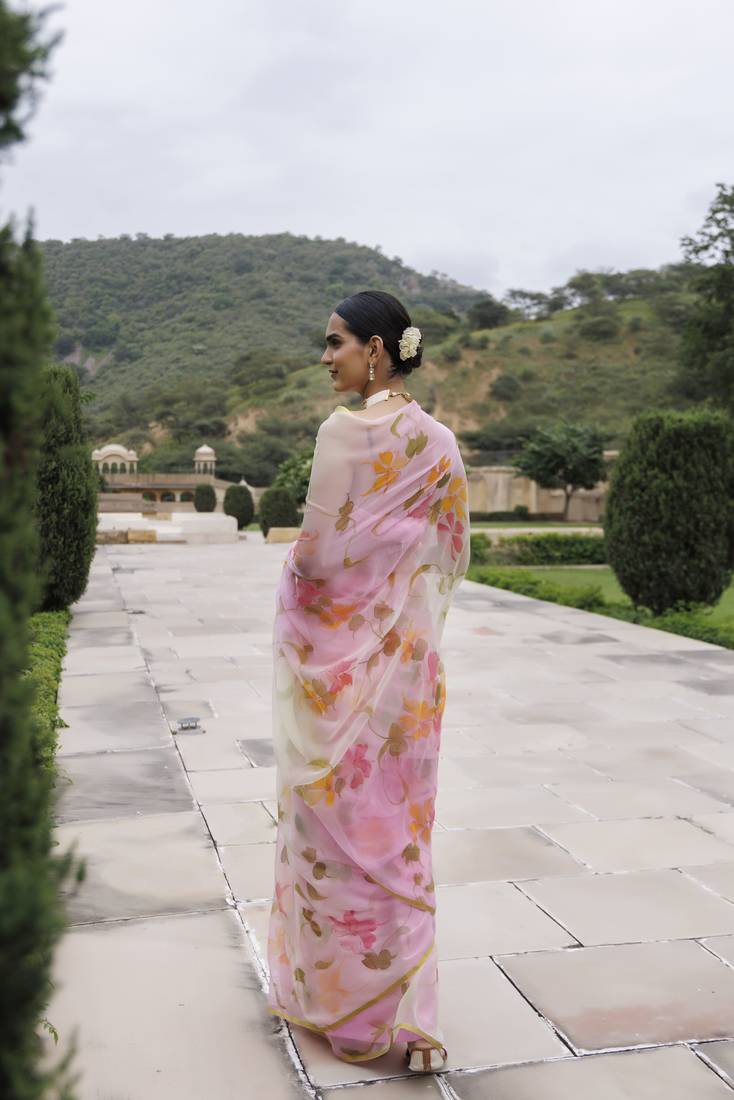 Geroo Jaipur White pink shaded hand painted floral chiffon saree with blouse
