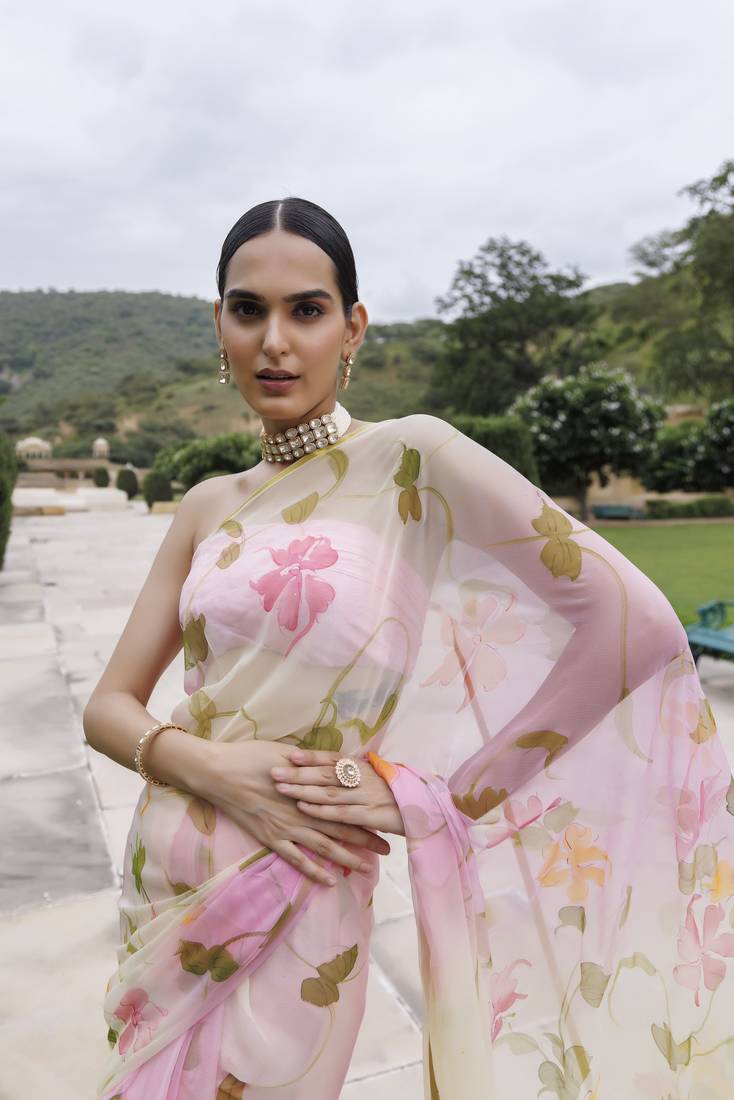 Geroo Jaipur White pink shaded hand painted floral chiffon saree with blouse