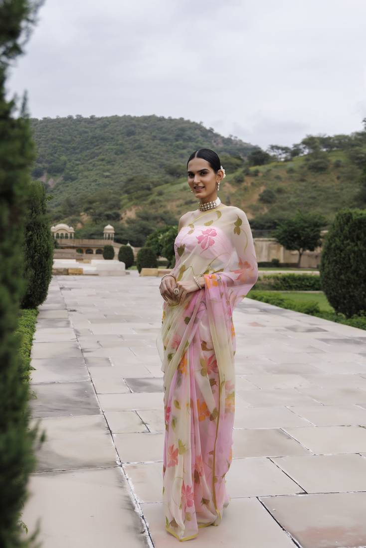 Geroo Jaipur White pink shaded hand painted floral chiffon saree with blouse