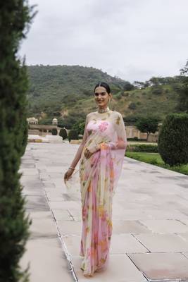   White pink shaded hand painted floral chiffon saree with blouse 1