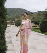 Geroo Jaipur White pink shaded hand painted floral chiffon saree with blouse