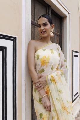   Yellow hand painted floral chiffon saree with blouse 2