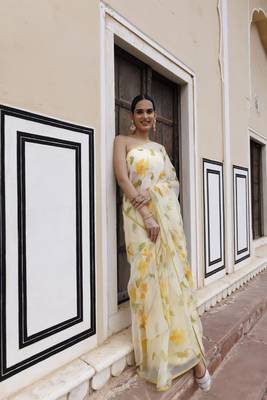   Yellow hand painted floral chiffon saree with blouse 3