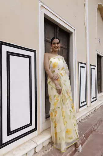   Yellow hand painted floral chiffon saree with blouse