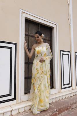   Yellow hand painted floral chiffon saree with blouse 4