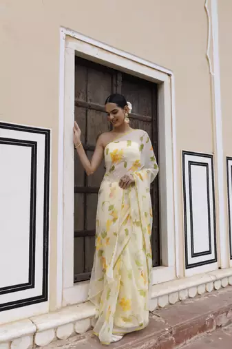   Yellow hand painted floral chiffon saree with blouse