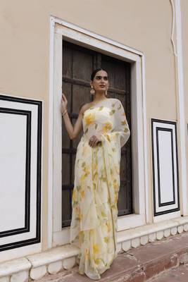   Yellow hand painted floral chiffon saree with blouse 5