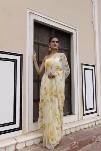   Yellow hand painted floral chiffon saree with blouse