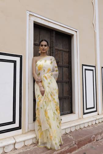 Geroo Jaipur Yellow hand painted floral chiffon saree with blouse