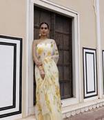 Geroo Jaipur Yellow hand painted floral chiffon saree with blouse