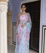 Geroo Jaipur Blue-pink shaded hand painted floral chiffon saree with blouse