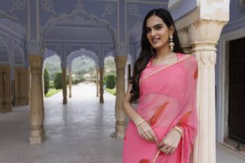   Pink hand painted floral chiffon saree with blouse 2
